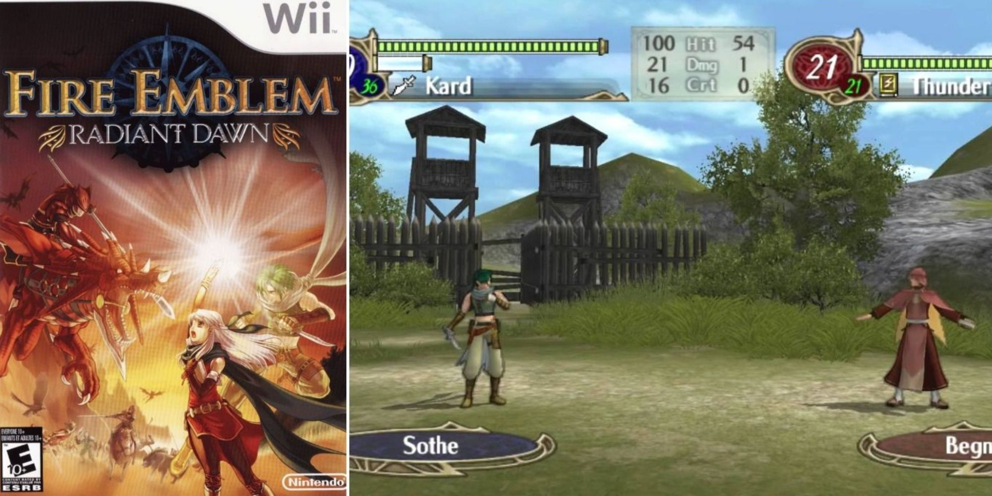 A split-image of the Wii cover artwork for Fire Emblem: Radiant Dawn and gameplay of Sothe facing off with another character.