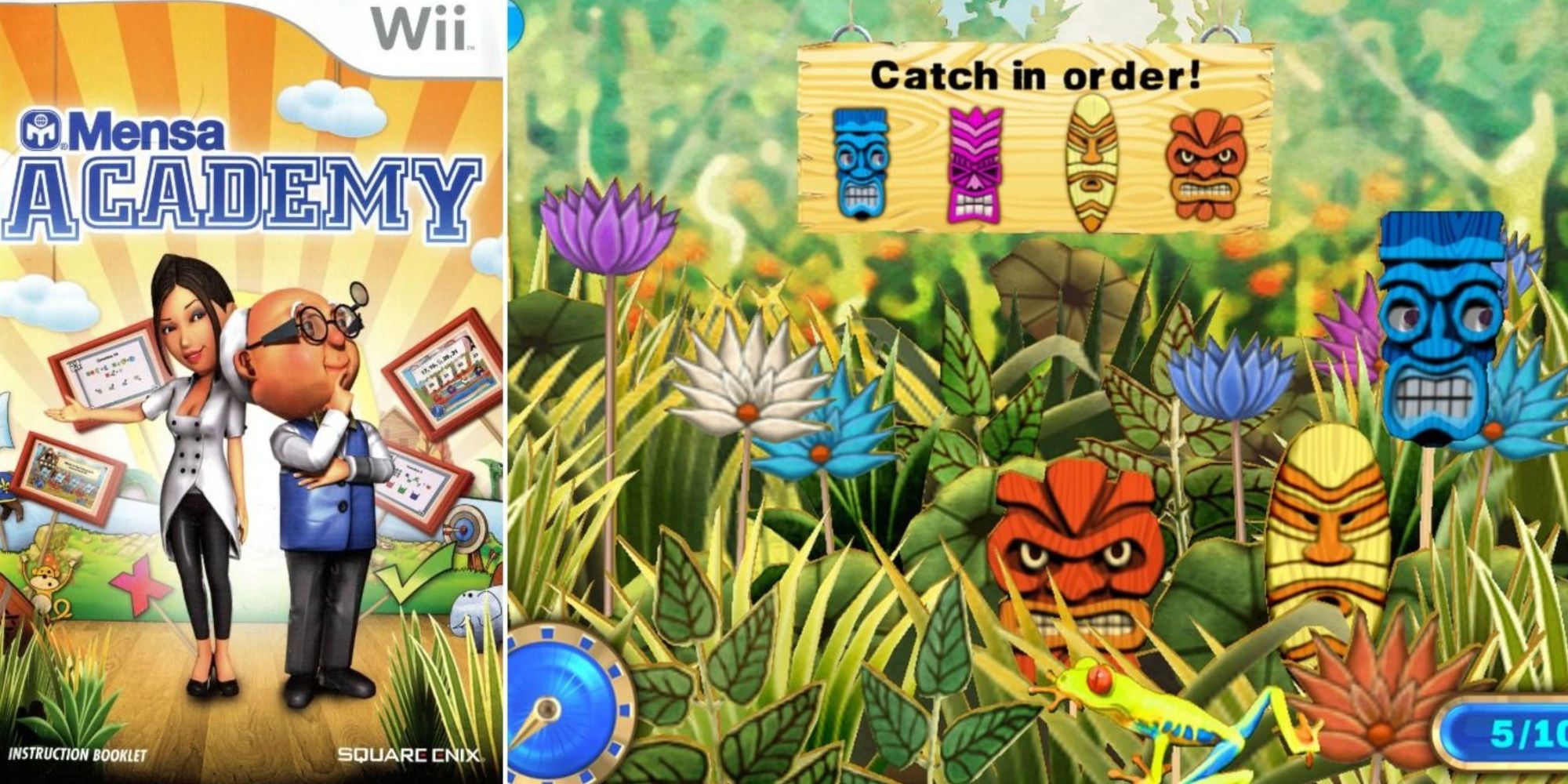 A split-image of the Wii artwork for American Mensa Academy and gameplay of a minigame where you catch items in a specific order.