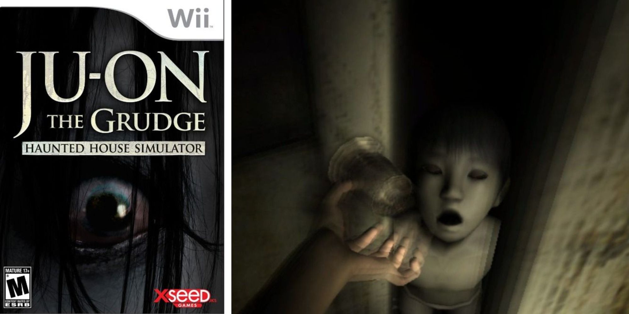 A split-image of the Wii artwork for Ju-On The Grudge and a close-up of the main character opening a door to be jump-scared by a spirit.