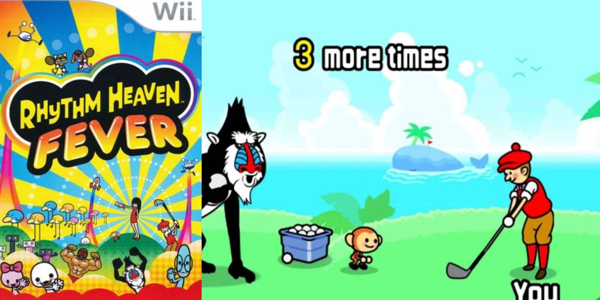 A split-image of the Wii artwork for Rhythm Heaven Fever and a golf minigame being played with the protagonist and some cute monkey characters.