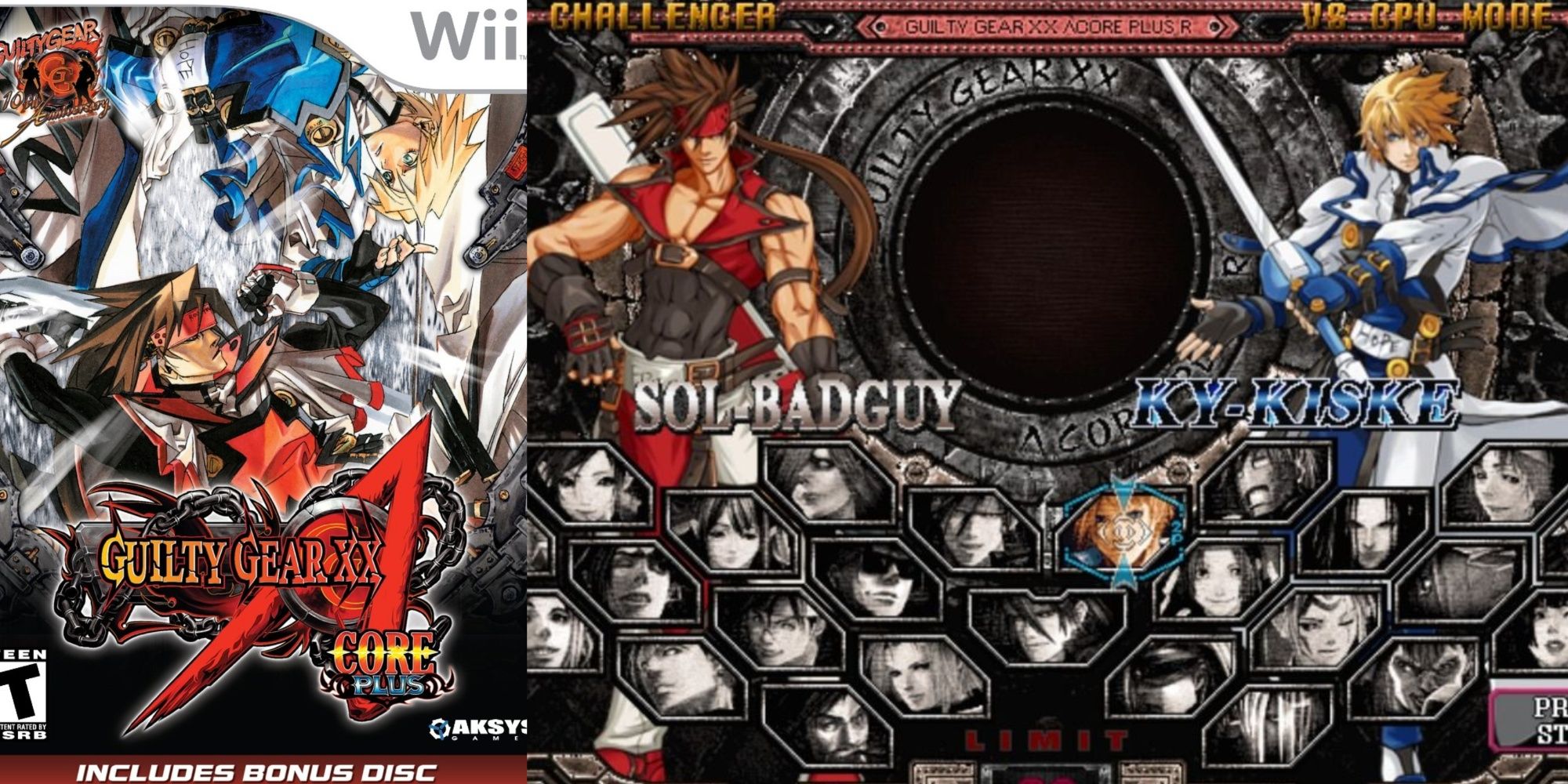A split image of the cover artwork for Guilty Gear Plus and a character selection screen for your character and an opponent.