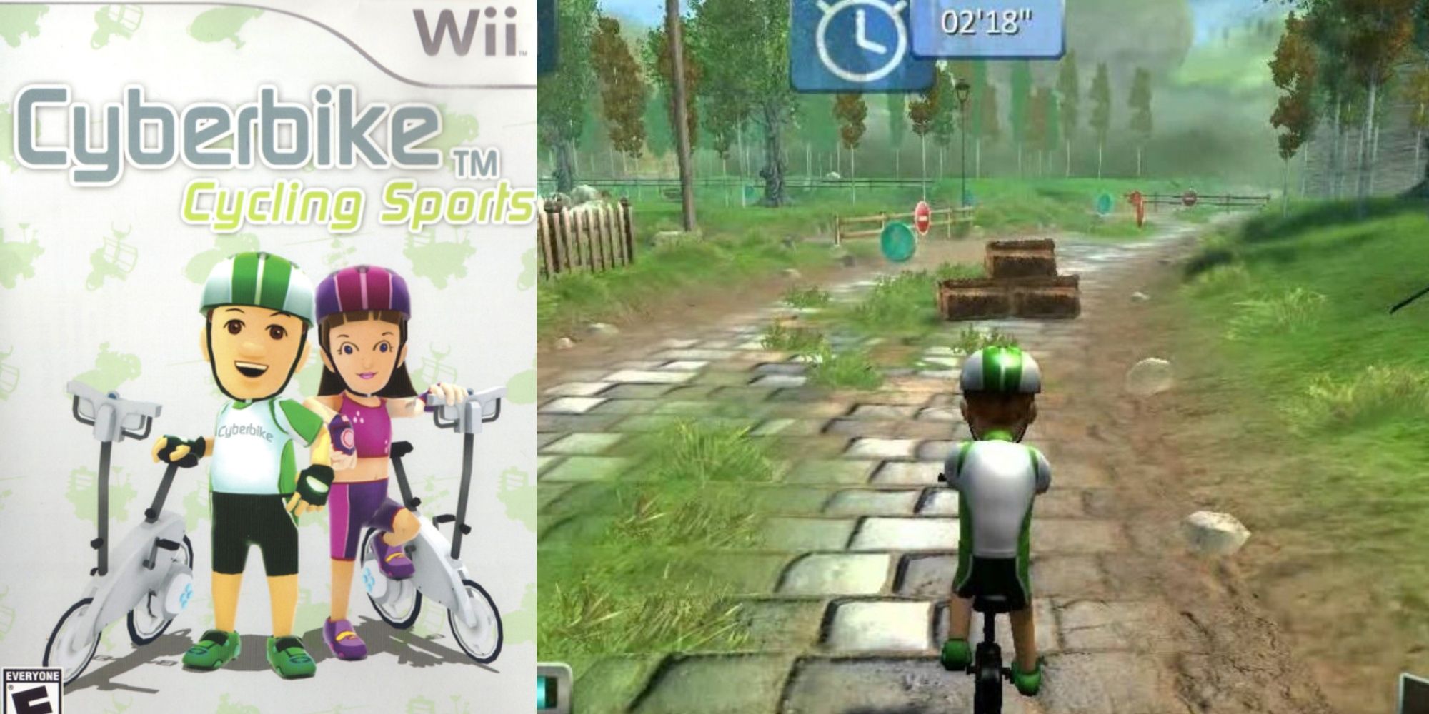 A split-image of the Wii artwork for Cyberbike and the main protagonist cycling on a road path with a timer atop the screen.
