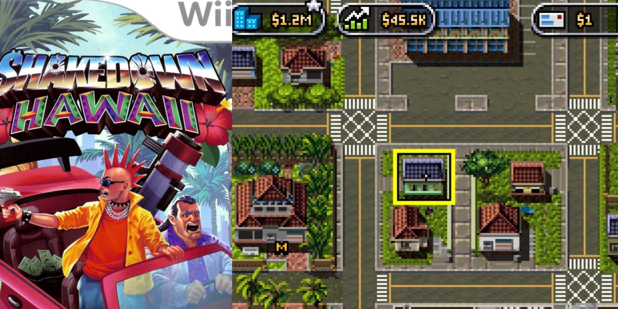 A split-image of the Wii artwork for Shakedown Hawaii and a top-down map of houses and streets with money and growth elements displayed.