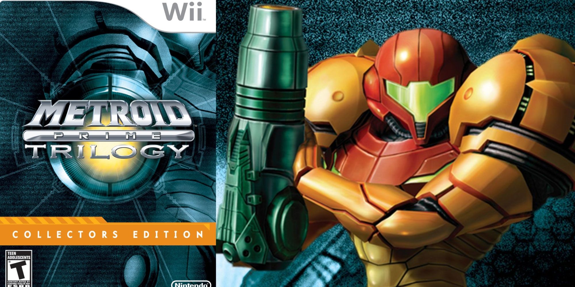 A split-image of the Wii artwork for the collector's edition of Metroid Prime Trilogy and a close-up of Samus in her suit with the cannon raised up.