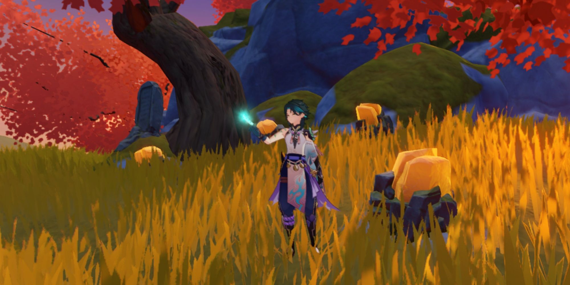 Genshin Impact: Xiao stands in front of some Cor Lapis on Mt Hulao in Liyue.
