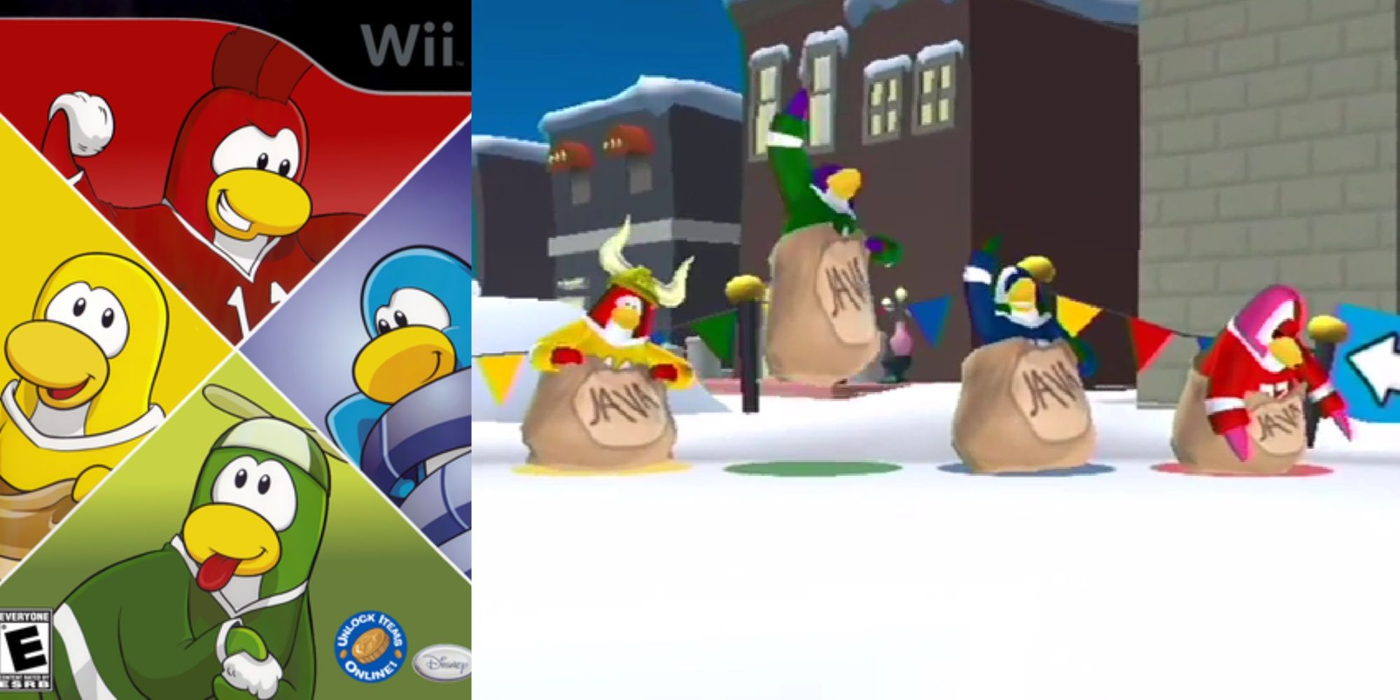 A split-image of the Wii artwork for the limited edition version of Club Penguin: Game Day and a group of Club Penguin characters after completing that Java bean bag race.