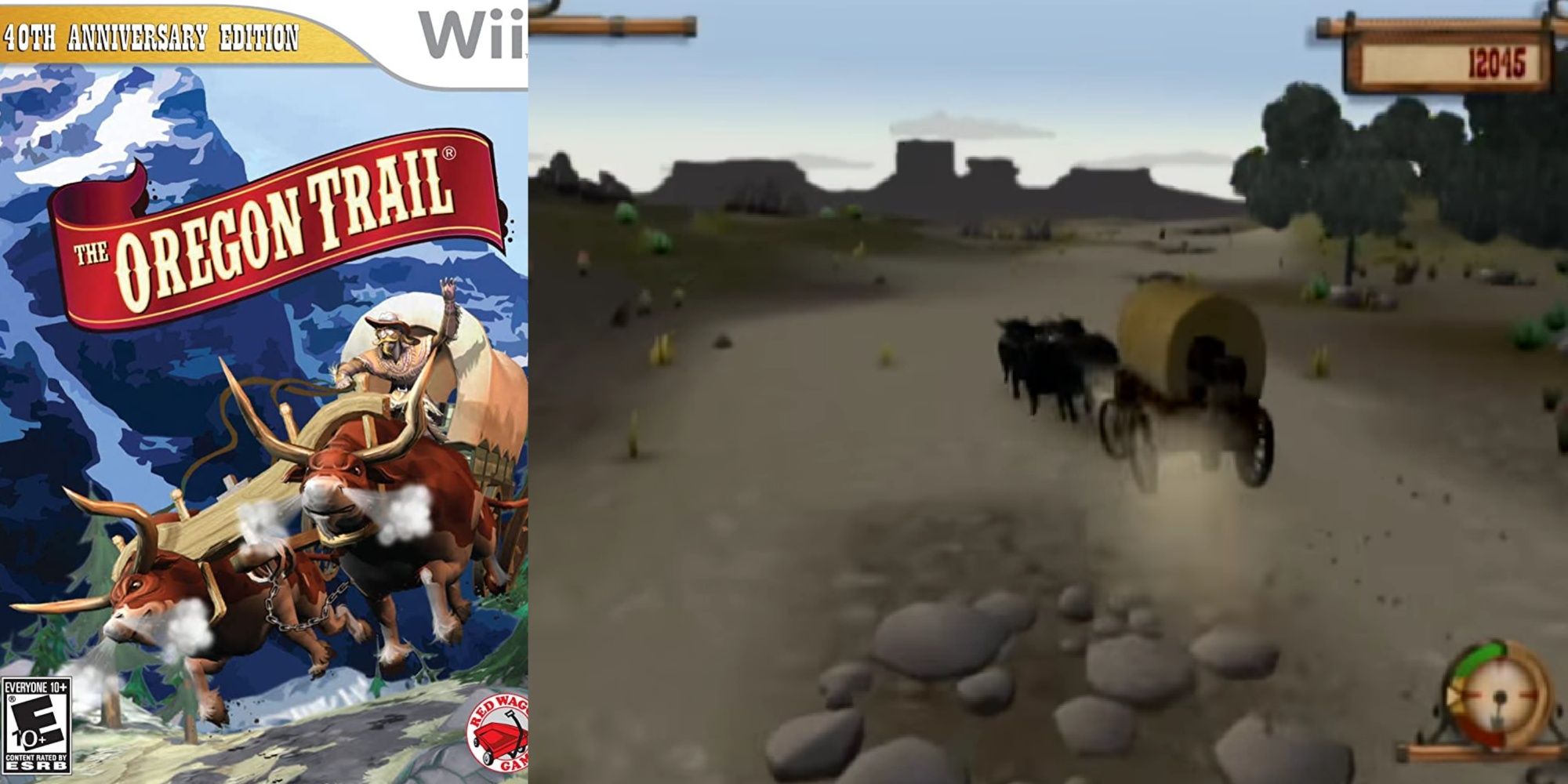 A split-image of the Wii artwork for The Oregon Trail 40th Anniversary Edition and a wagon cart being pulled by cattle on a rocky deserted road.