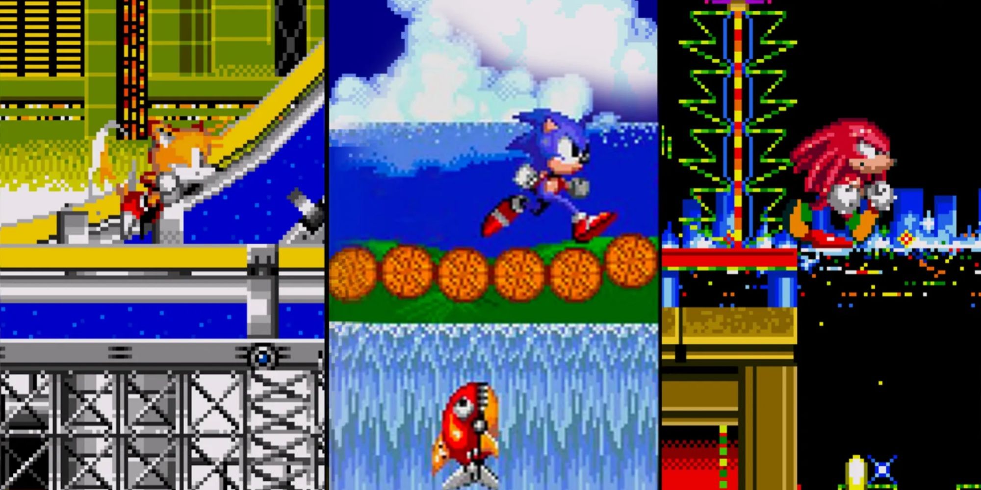sonic tails and knuckles running through different levels in sonic 2