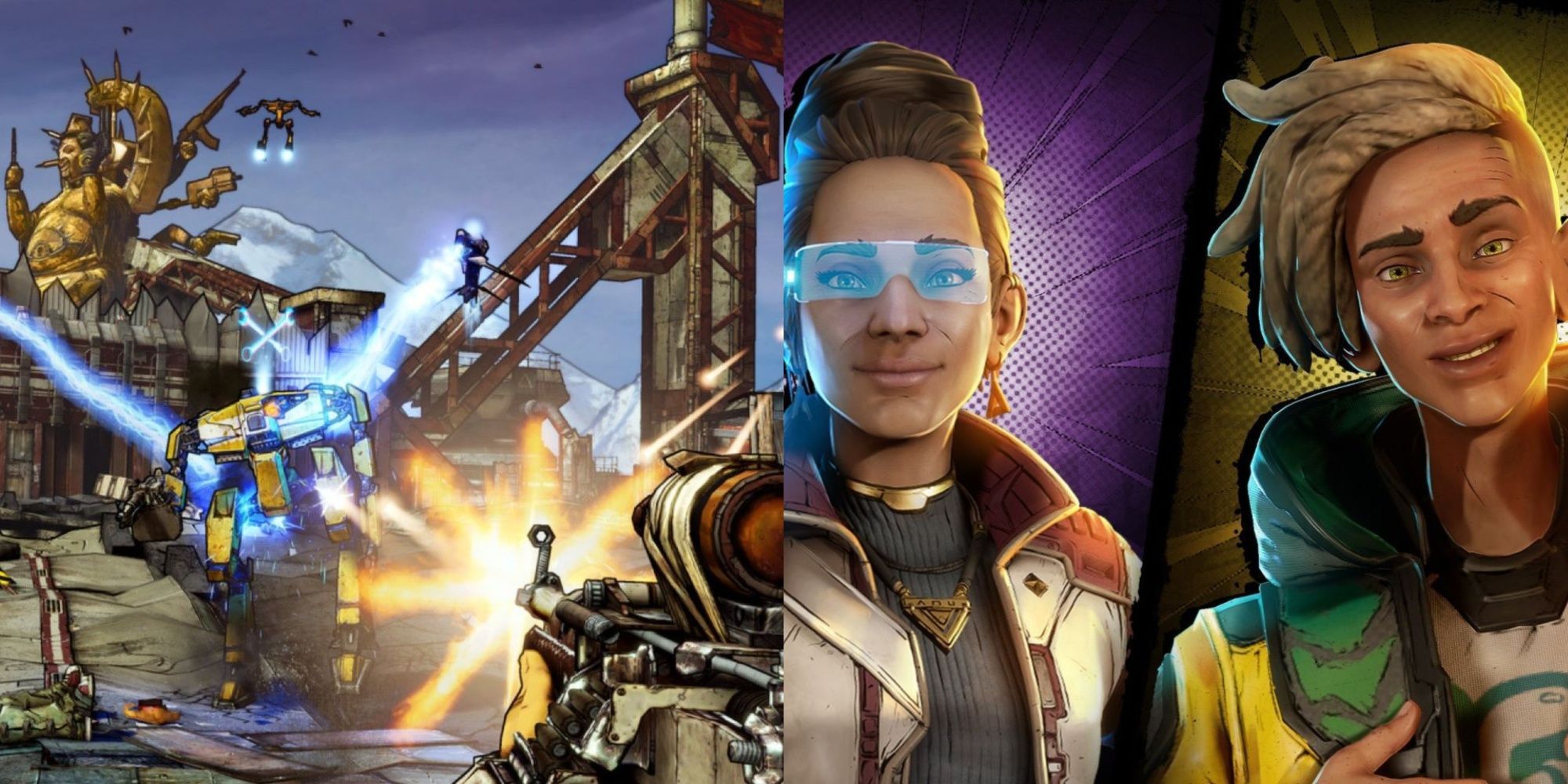 Split image of Borderlands FPS gameplay and Anu and Octavio character cards from New Tales from the Borderlands.