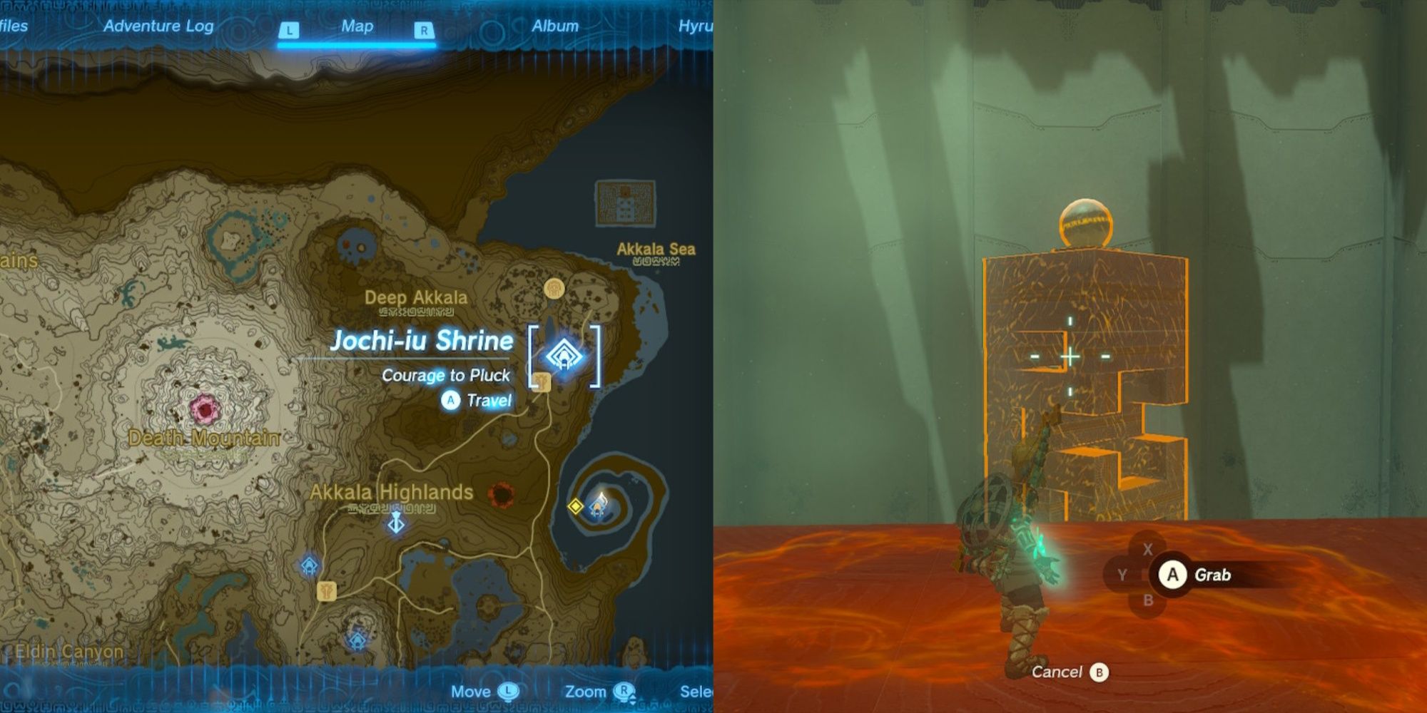 Map location and Jenga puzzle of Jochiiu Shrine from The Legend of Zelda: Kingdom of Tears.