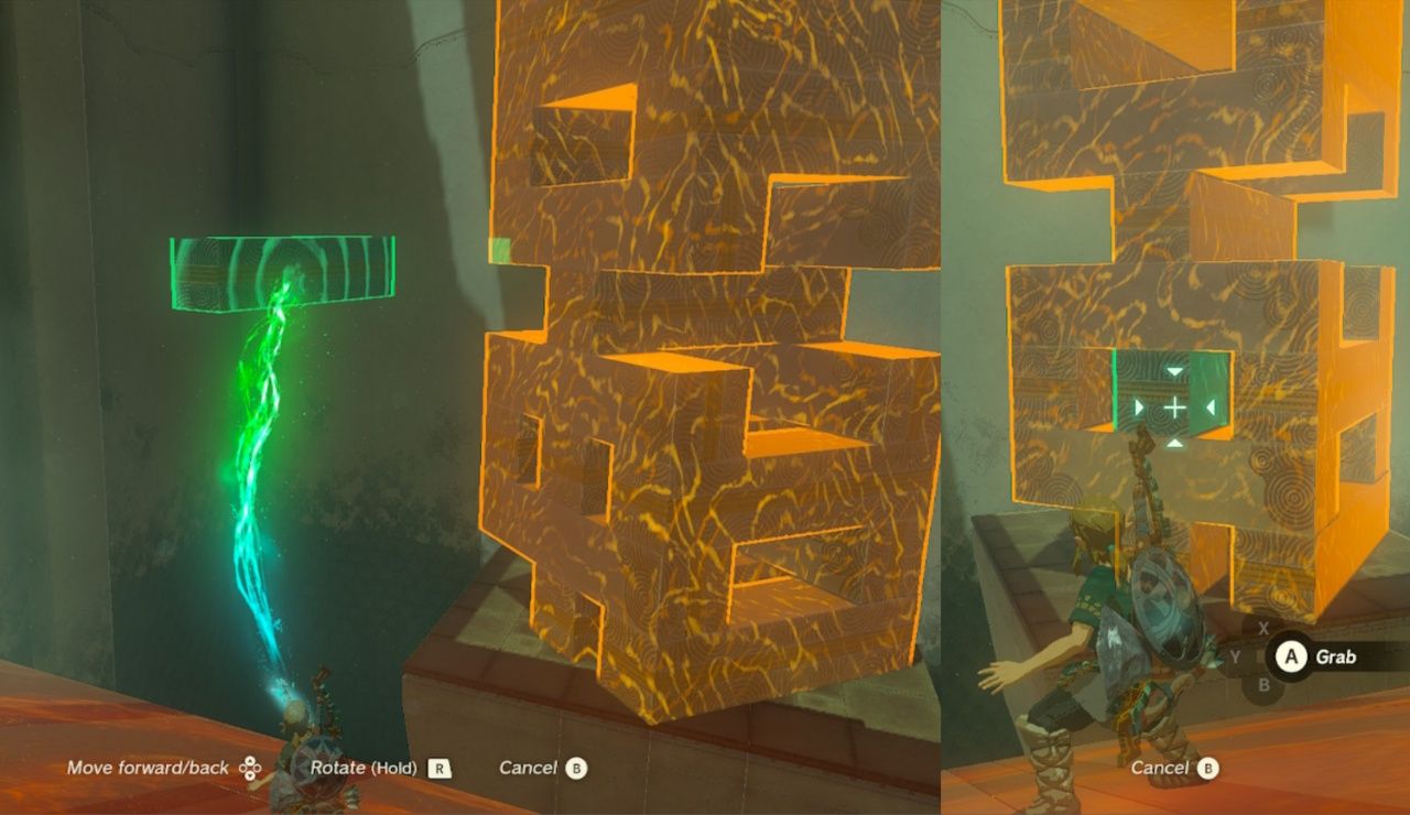 Link pulls out a metal stick in a shrine Jenga puzzle in The Legend of Zelda: Kingdom of Tears.