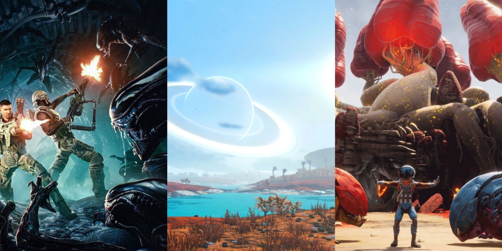 A three-image collage of artwork for Aliens: Fireteam Elite, a scenic planet environment in No Man's Sky, and a character from Journey To The Savage Planet in between alien creatures.