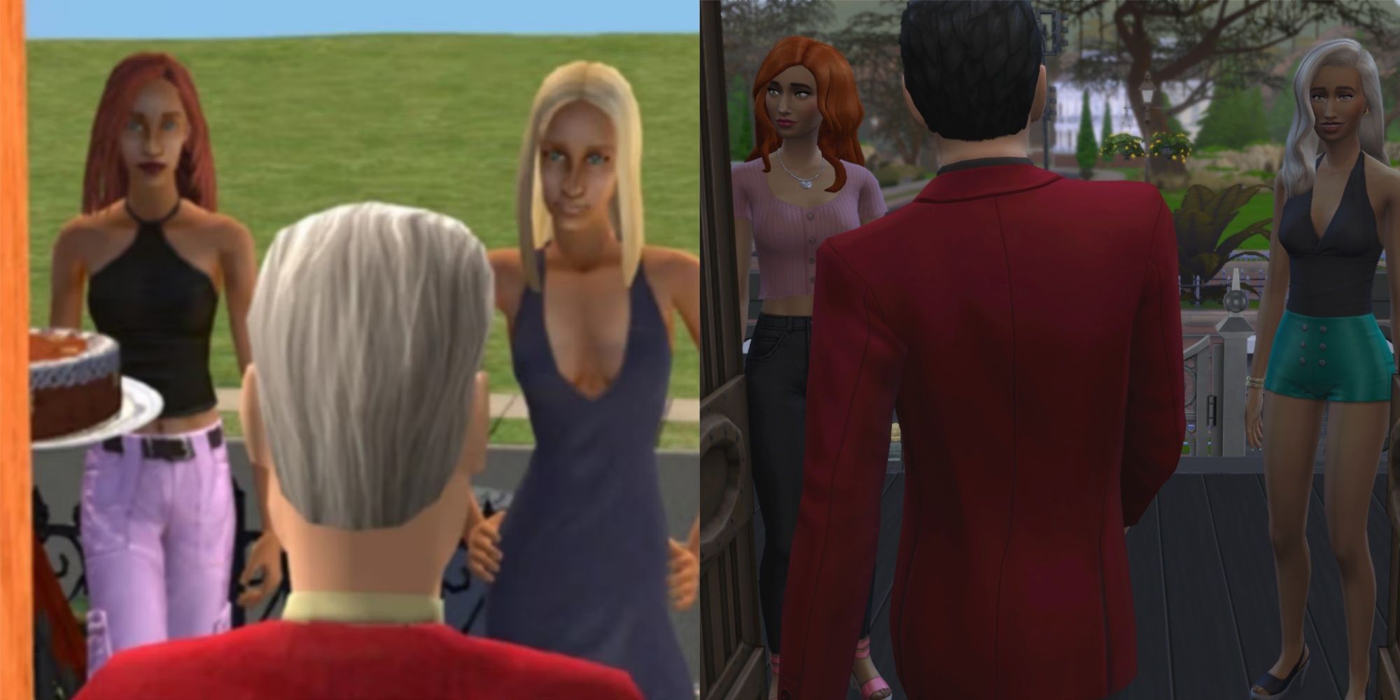 side by side images of nina and dina caliente arriving to mortimer goth's house in the sims 2, and them doing the same thing in the sims 4 after their may 2023 caliente family refresh caliente family tree caliente update