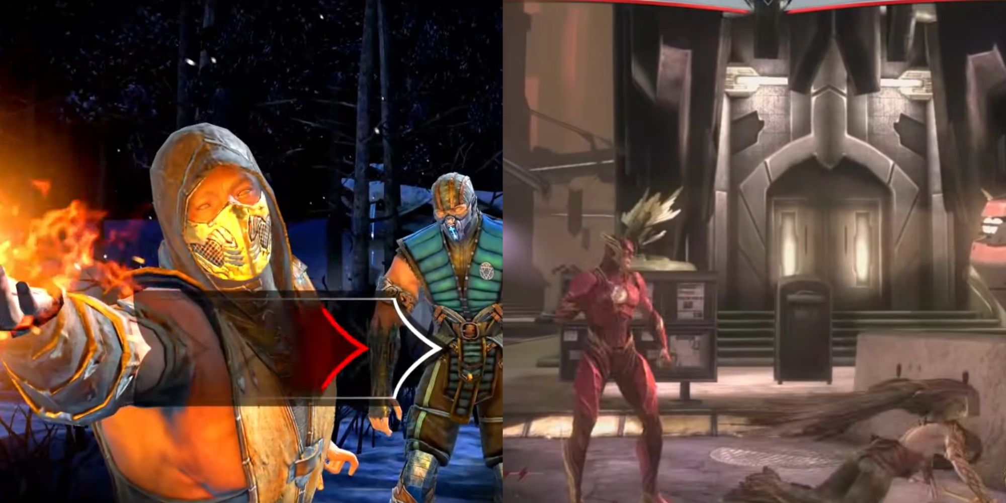 A split image of Scorpion performing a fatality on Sub-Zero with a swipe prompt appearing on-screen, and Flash fighting with Hawk Woman in Injustice.