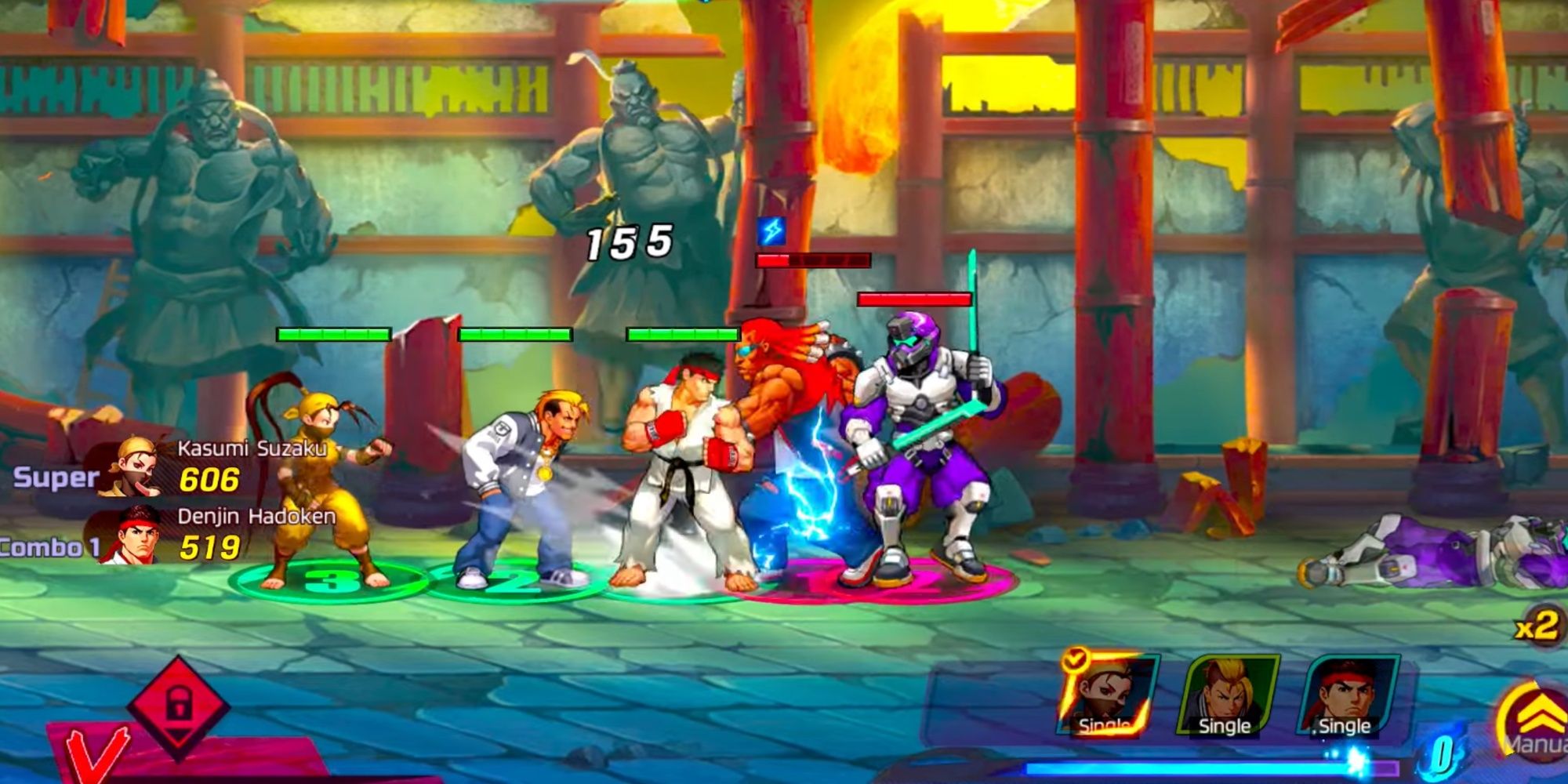 A trio of characters from Street Fighter dueling with opponents in a colorful stage, with abilities being used.