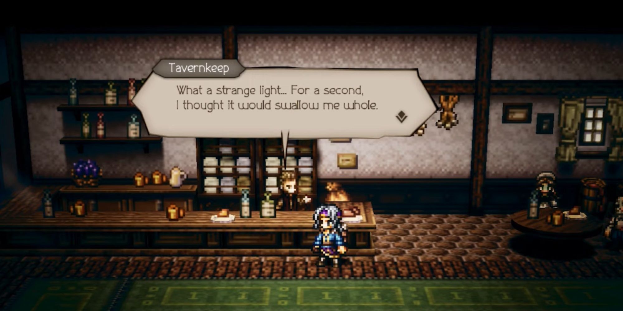 The main protagonist talking to a tavernkeeper as other patrons sit at tables in the mobile Octopath Traveler.