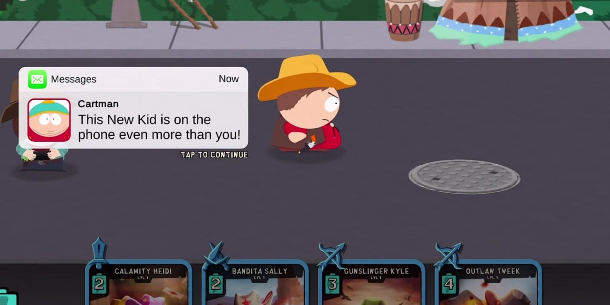 A screenshot from the tutorial stage of Phone Destroyer, with Cartman dressed a a sheriff and a text message popping up on the screen from him.