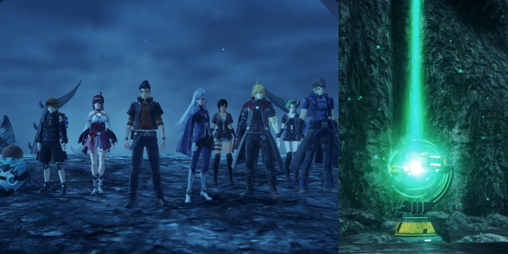 A collage of Riku, Nikol, Glimmer, Matthew, A, Panacea, Shulk, Linka, Rex, and an Ether Lift in Xenoblade Chronicles 3: Future Redeemed.