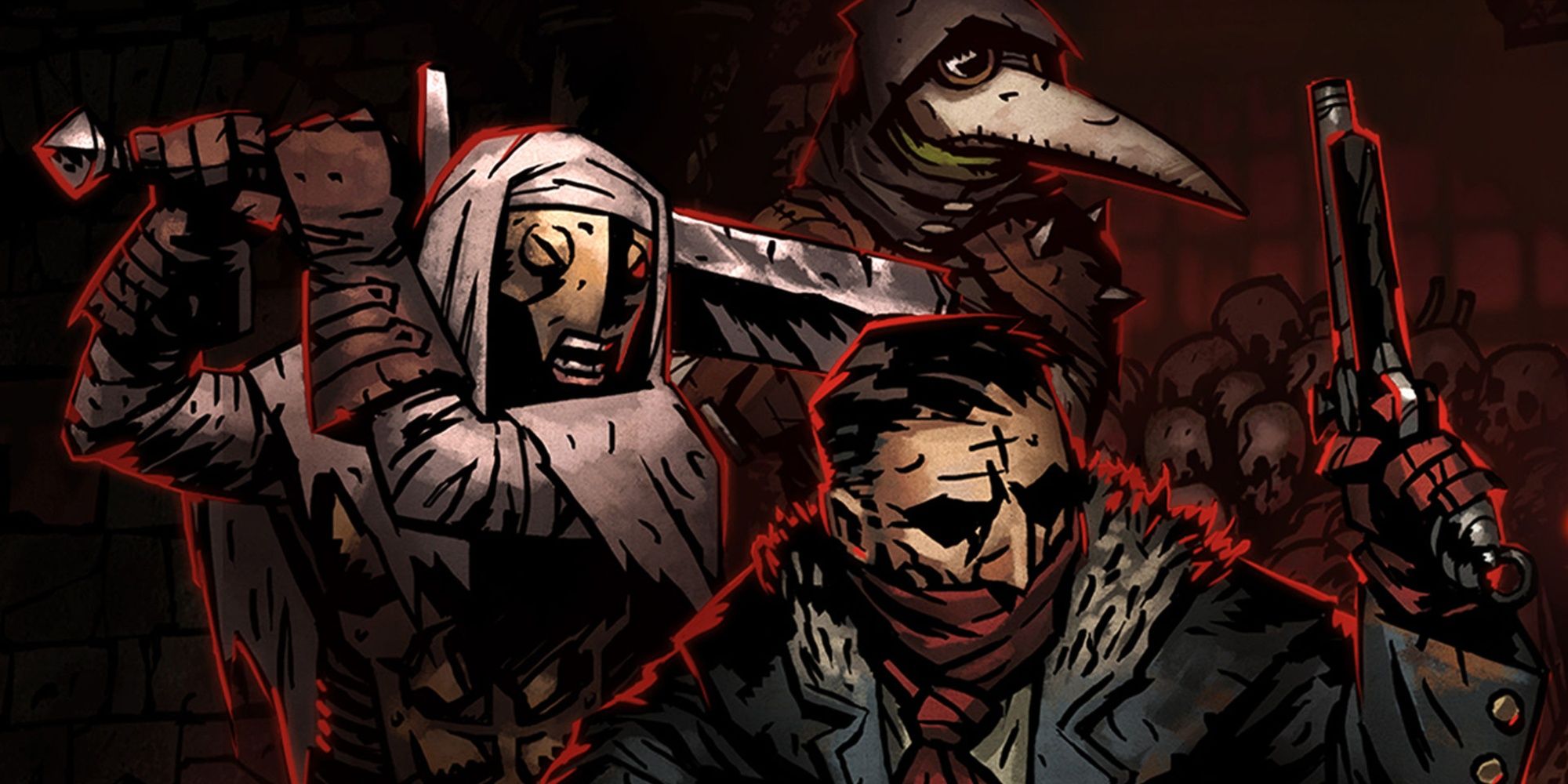 Three of the classes in Darkest Dungeon ready to attack.