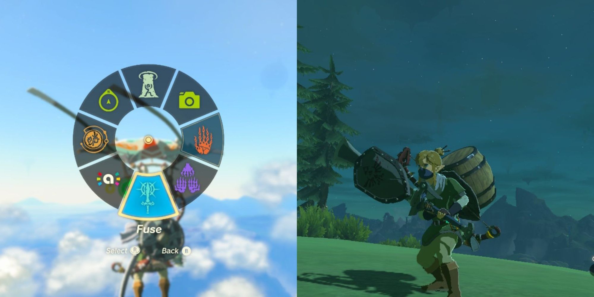 Zelda Tears of the Kingdom Split Image of Ability Wheel and Link Using Fuse Ability