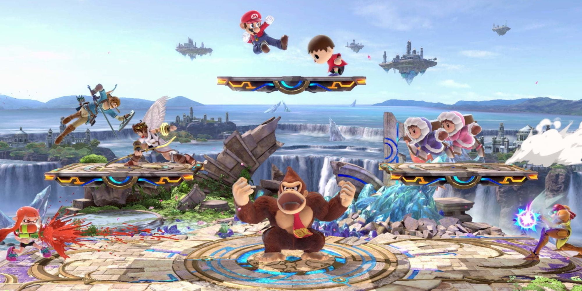 inkling donkey kong mario ness ice climbers samus and link battling in smash ultimate