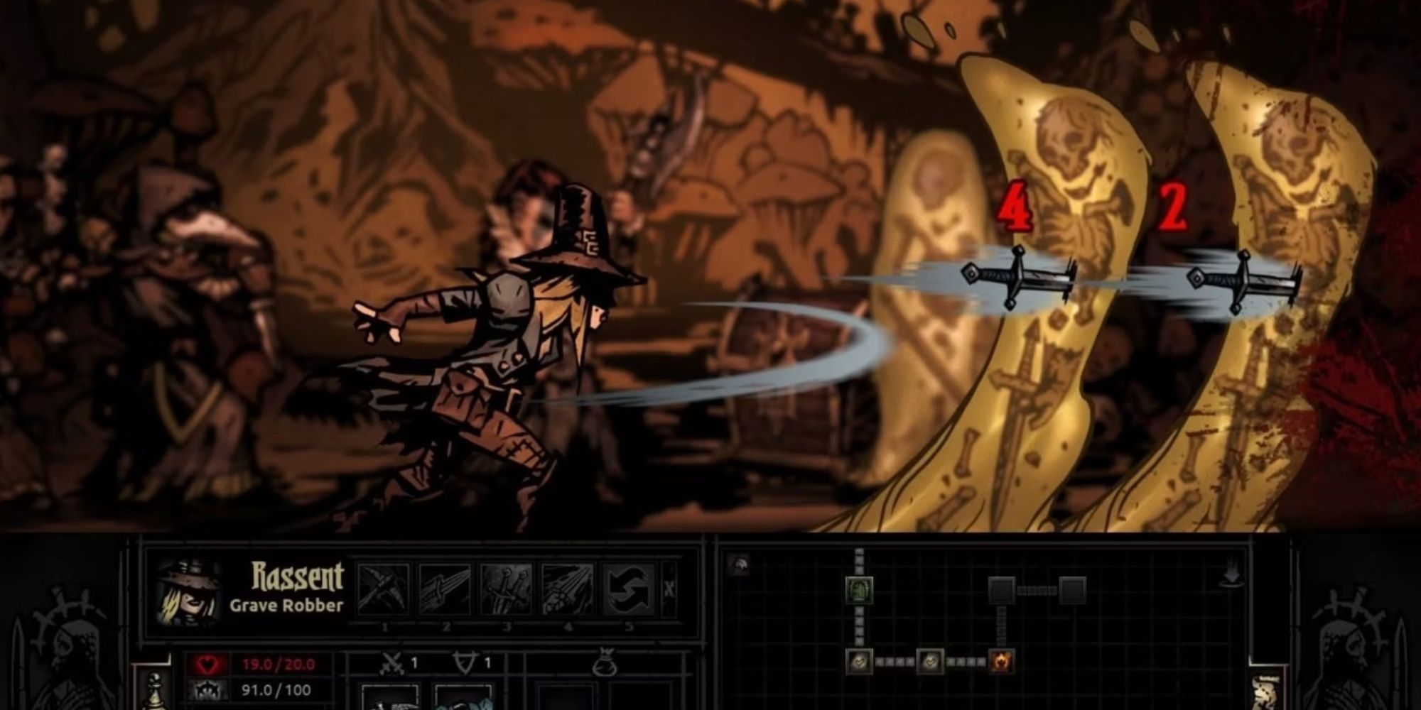 Darkest Dungeon Grave Robber attacks Ectoplasms