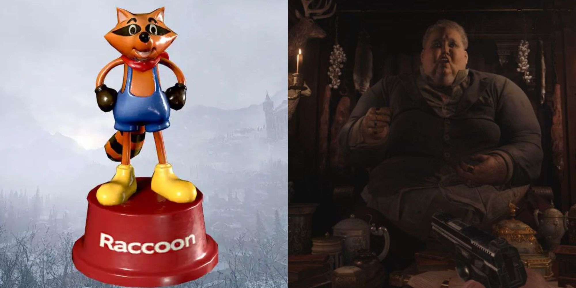 A collage showing the Raccoon weapon charm on the left and the Duke in his store on the right.