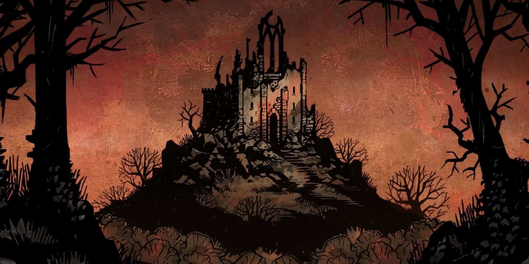 The ruins of a castle on a hill, through a dark forest.