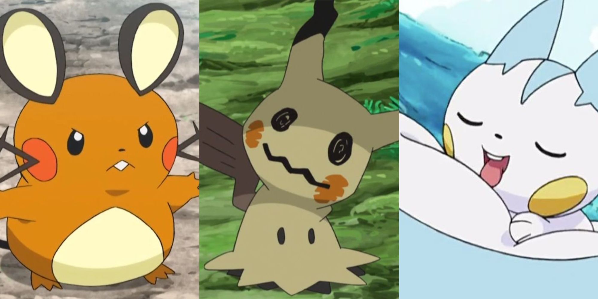 Split image of Dedenne, Mimikyu, and Pachirisu from Pokemon