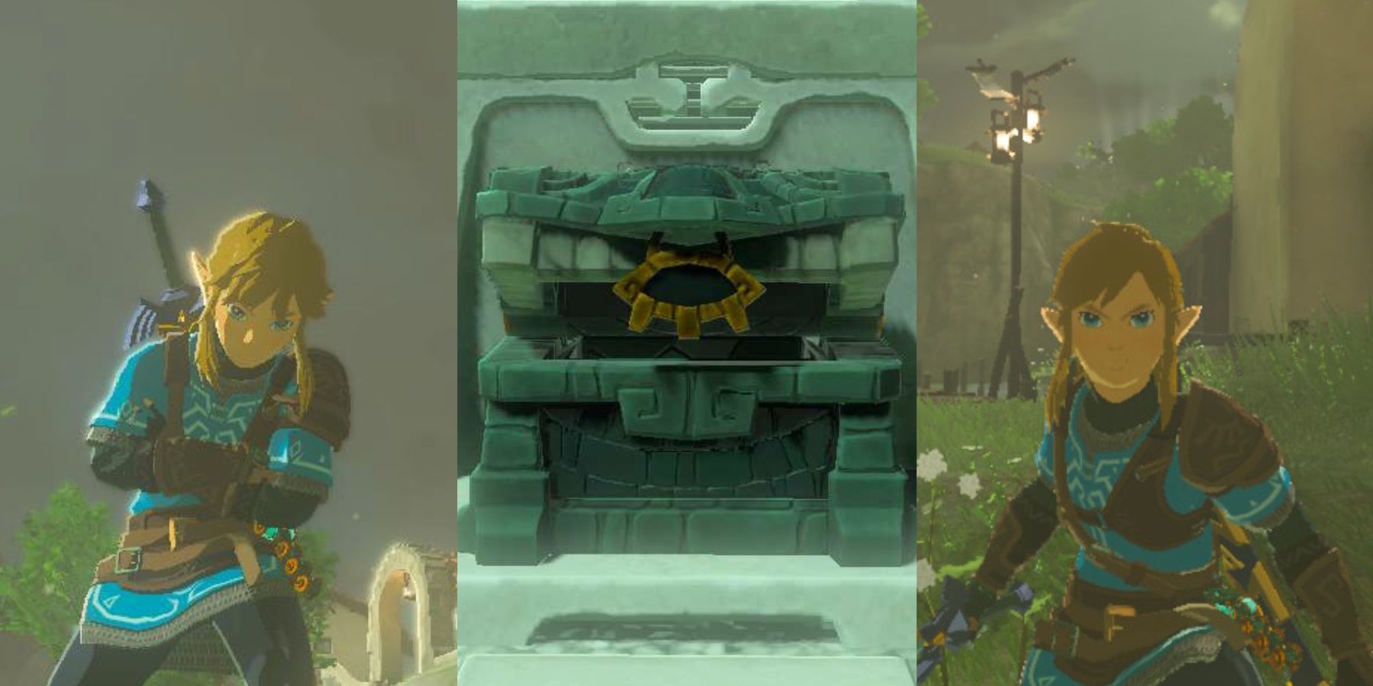 The Legend of Zelda: Tears of the Kingdom - Link poses either side of an empty chest
