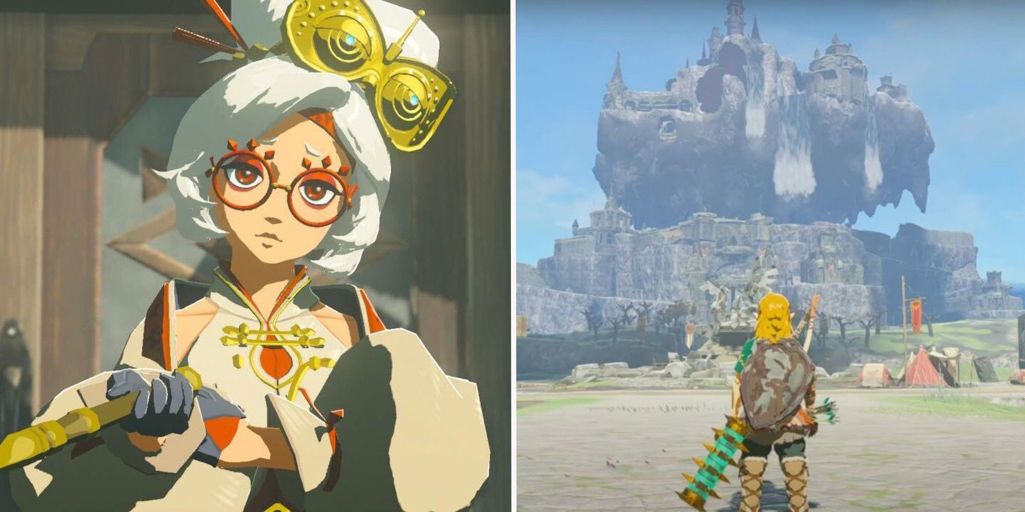 Purah staring forwards, and Link looking on at Hyrule castle In The Legend of Zelda: Tears of the Kingdom the video game