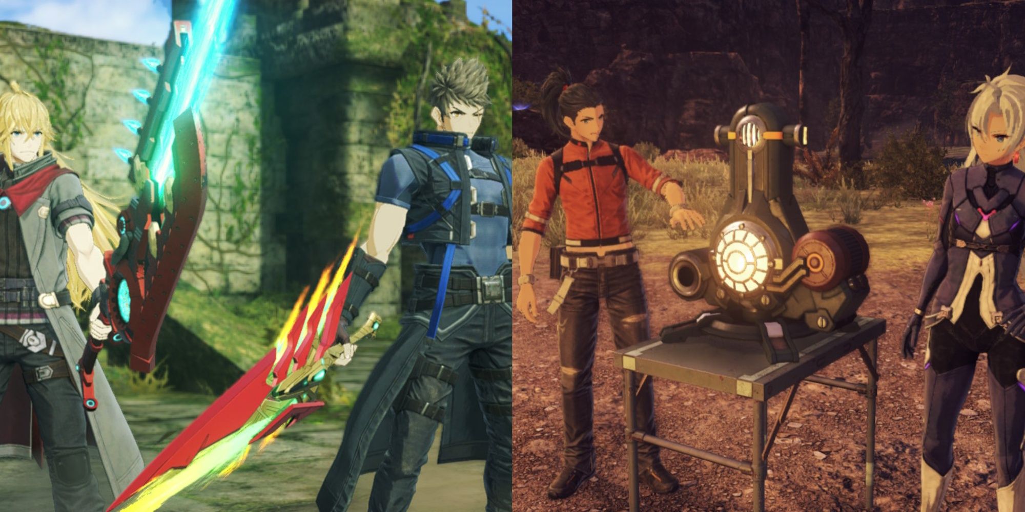 A collage of Shulk and Rex fighting and Matthew and A making gems in Xenoblade Chronicles 3: Future Redeemed.