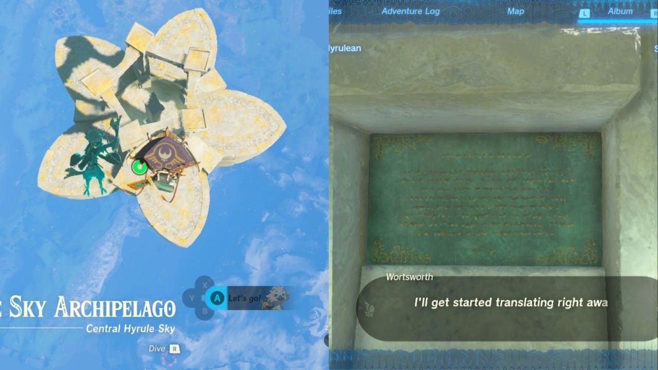 Link descends to Flower Island and takes a picture of the Southern Hyrule Tablet
