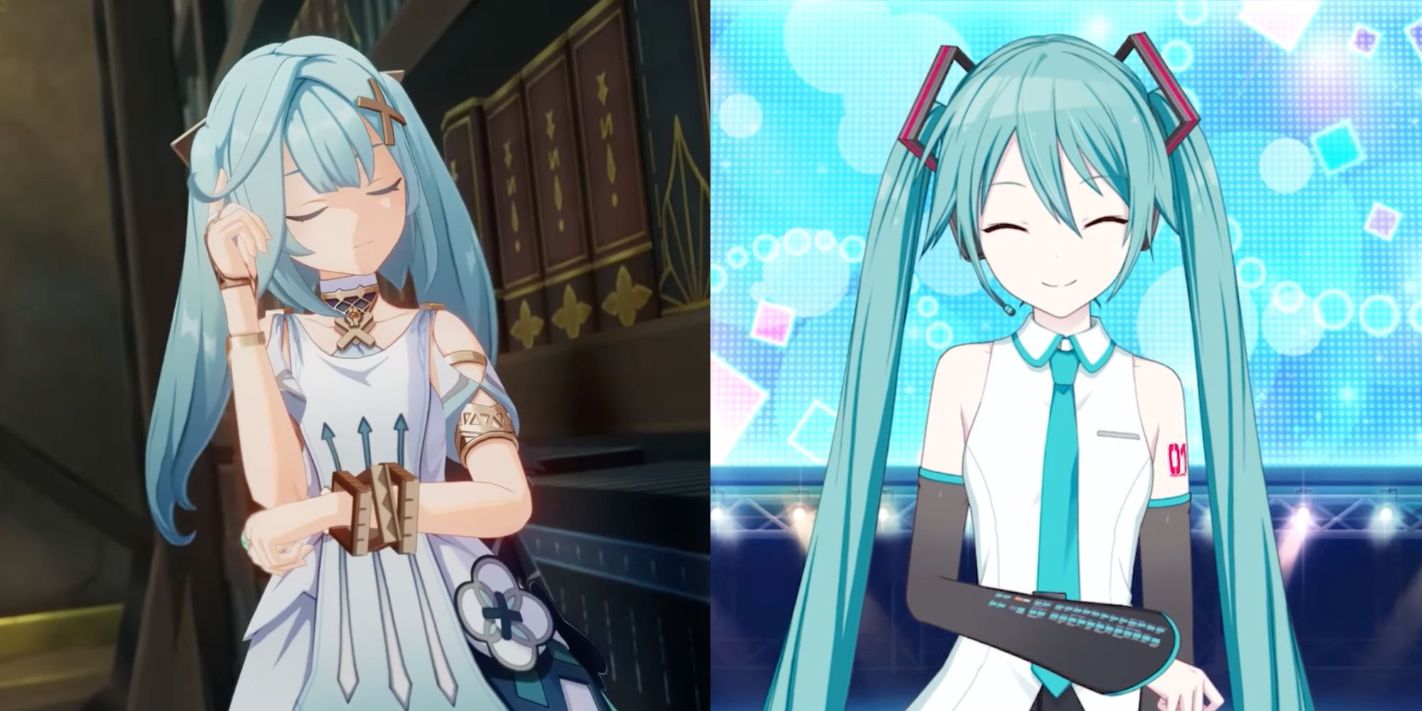 Faruzan from Genshin Impact and Hatsune Miku from Hatsune Miku: Colorful Stage