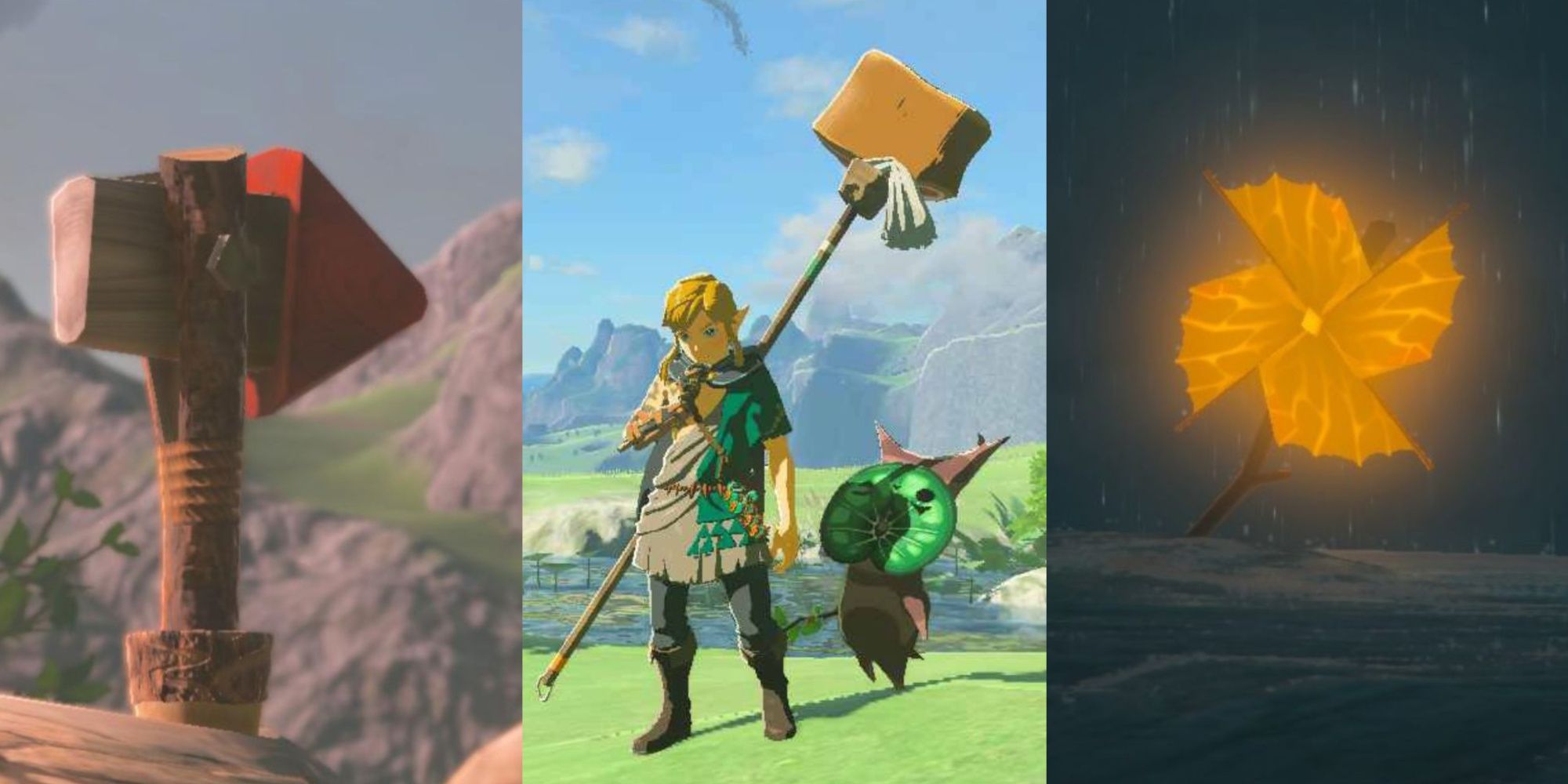 The Legend Of Zelda: Tears Of The Kingdom - Split Image Of Wooden Arrow, Pinwheel, and Link thinking next to a Korok