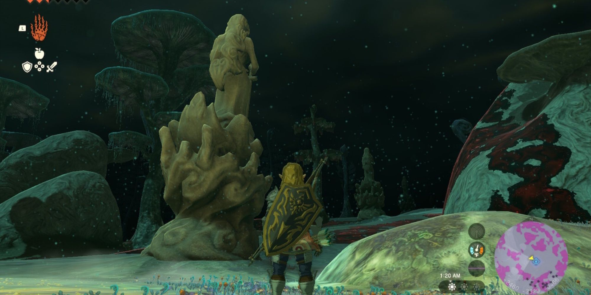 The Legend of Zelda: Tears of the Kingdom Link is standing near a statue underground