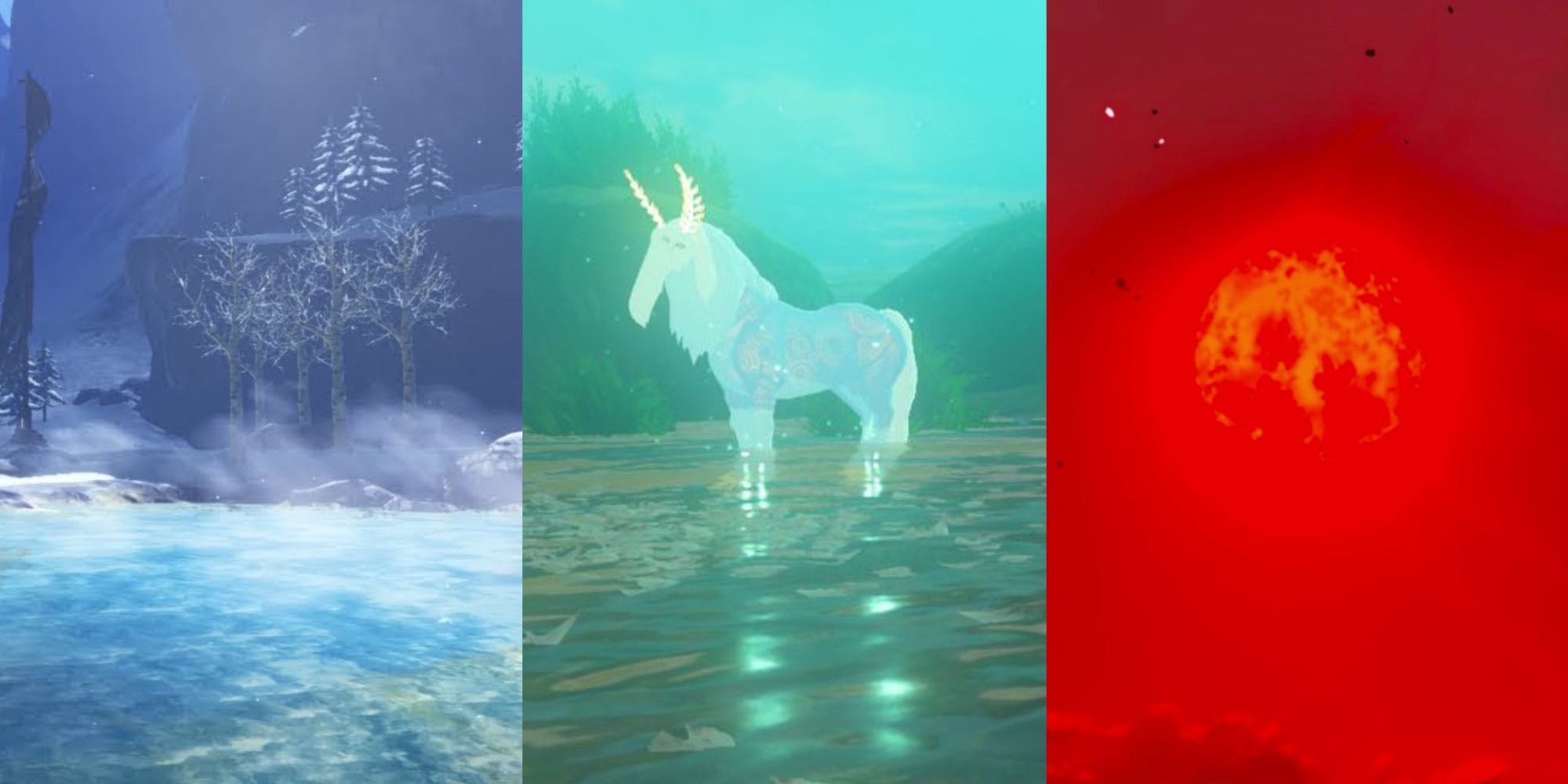 A collage showing a hot spring, a special horse, and the Blood Moon.
