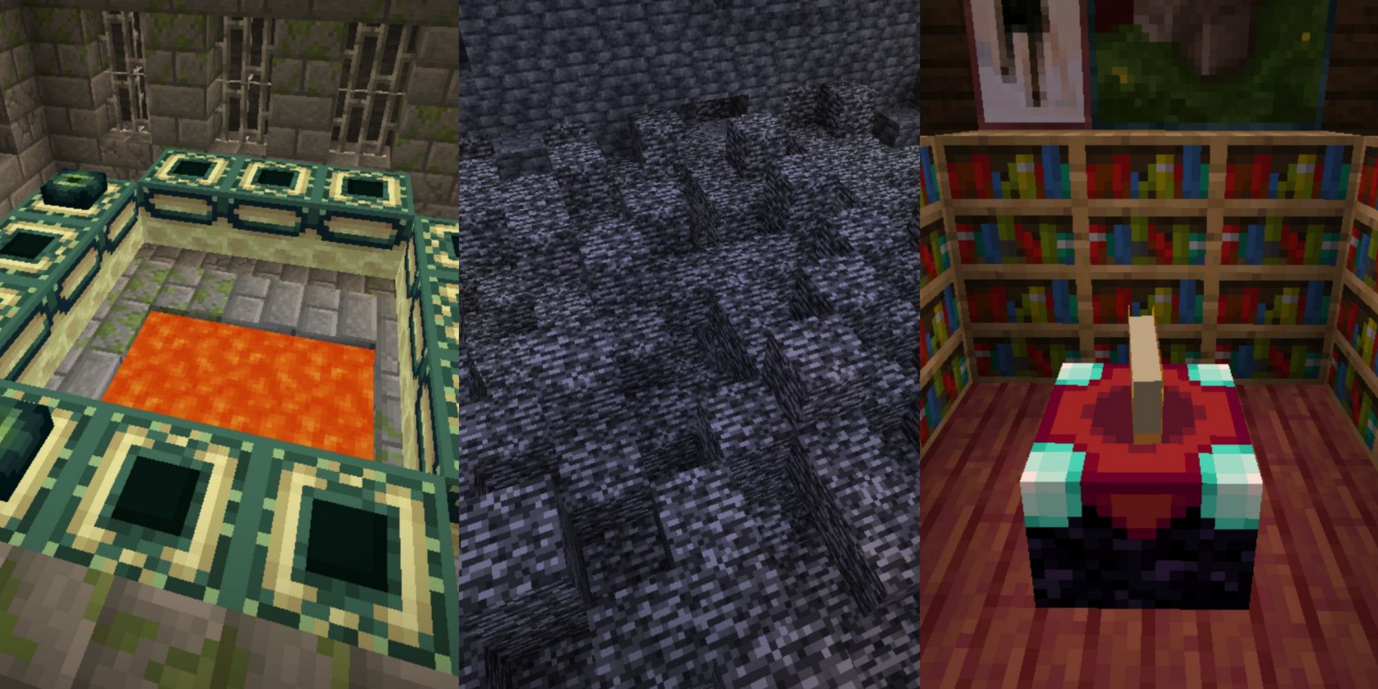 Three minecraft pictures including an end portal frame, bedrock, and an enchanting table