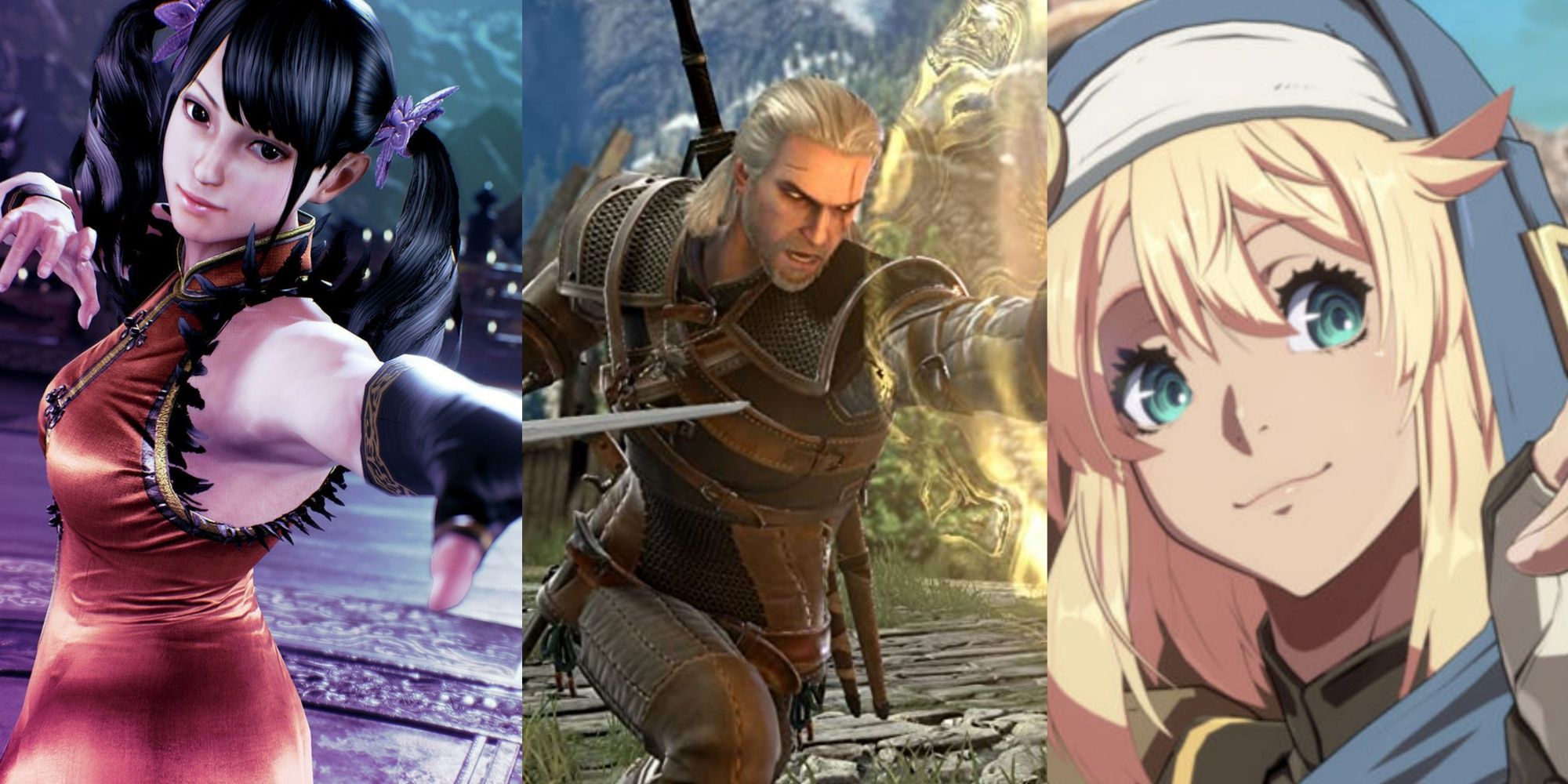 Ling Xiaoyu from Tekken 7, Geralt from The Witcher in Soulcalibur 6, and Bridget from Guilty Gear Strive