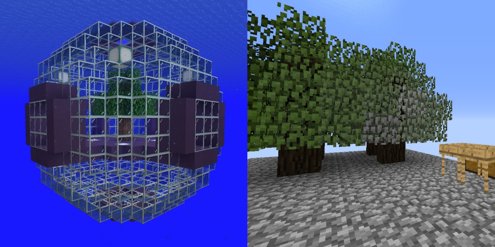 Two pictures of two different skyblock bases