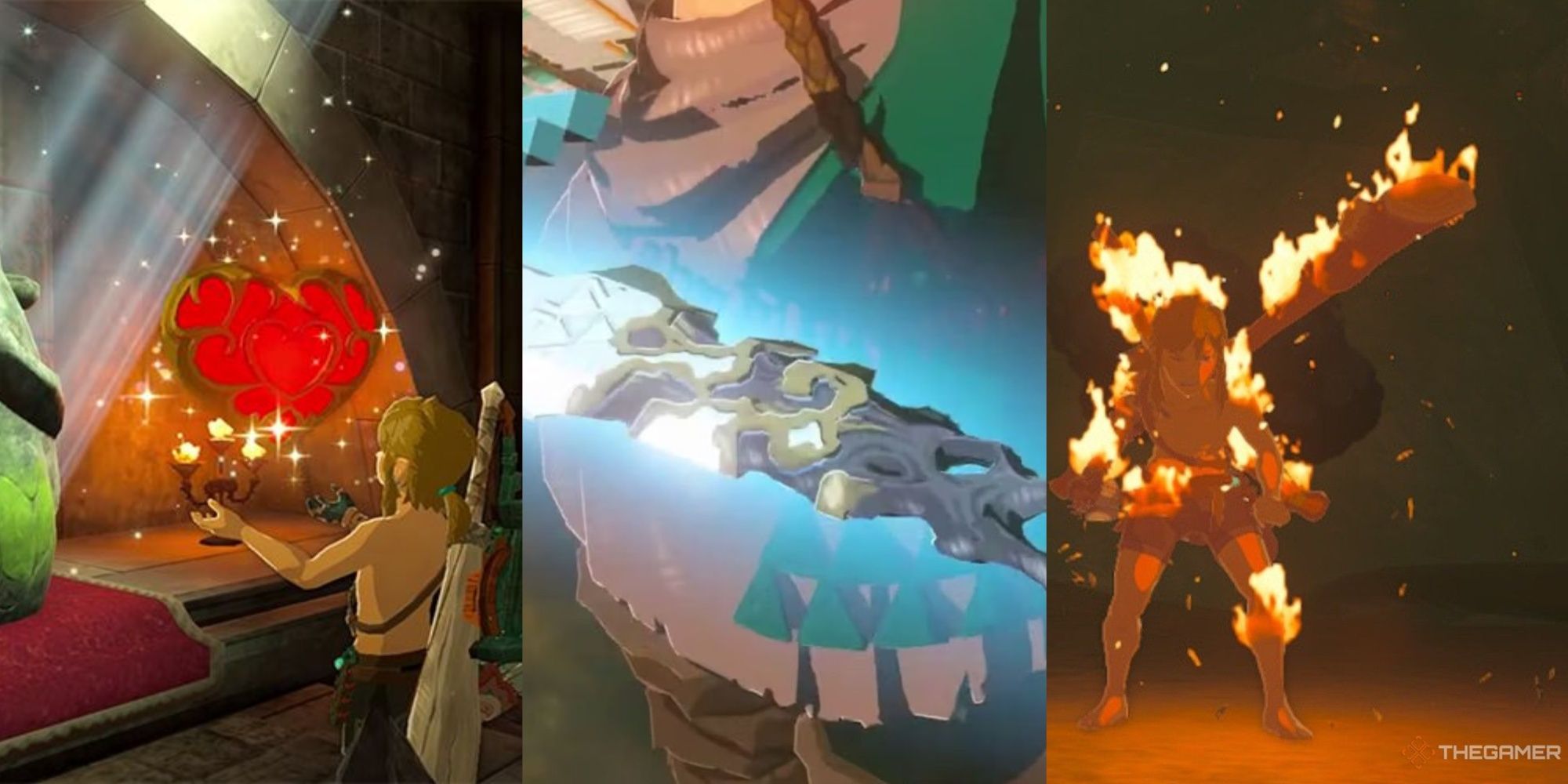 Split image of heart container, master sword, and Link on fire