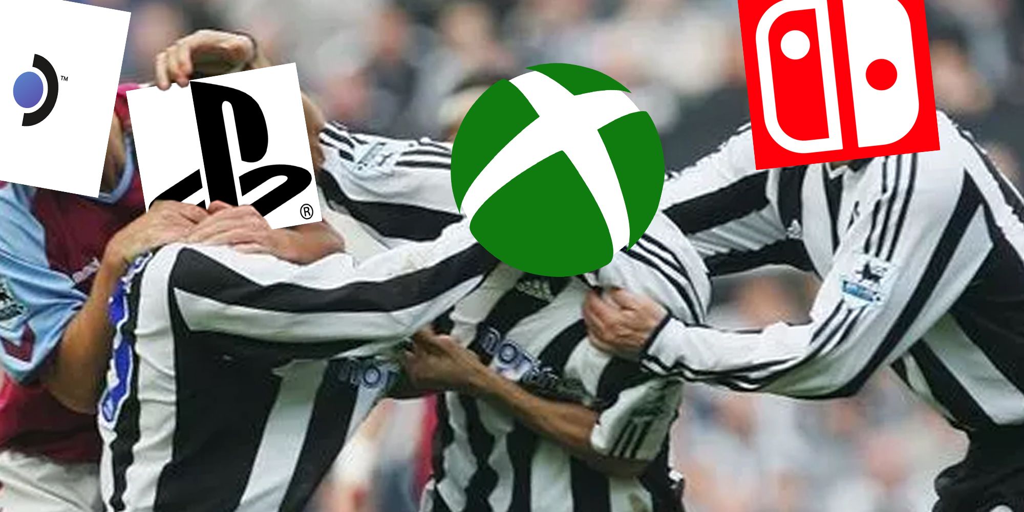Console wars represented by PlayStation and Xbox fighting superimposed over Keiron Dyer and Lee Bowyer