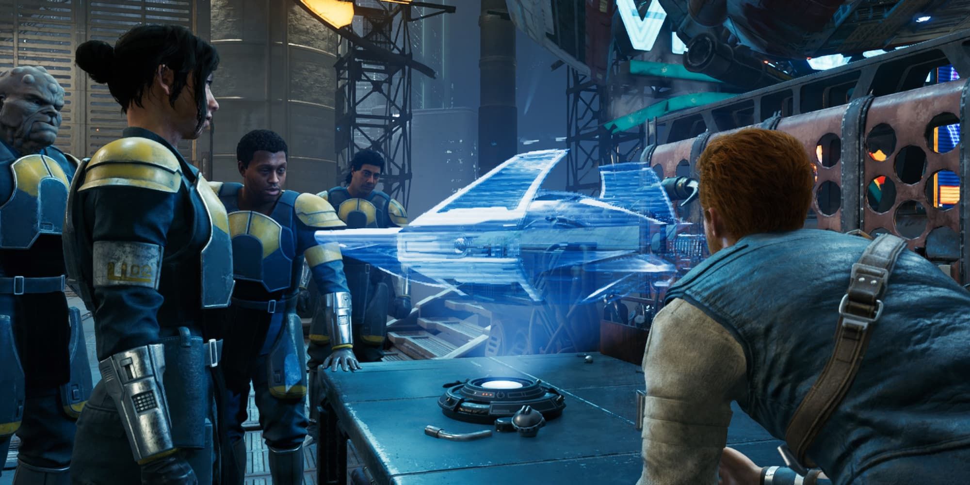 Cal looks over a hologram of a ship with his Coruscant crew in Star Wars Jedi: Survivor.