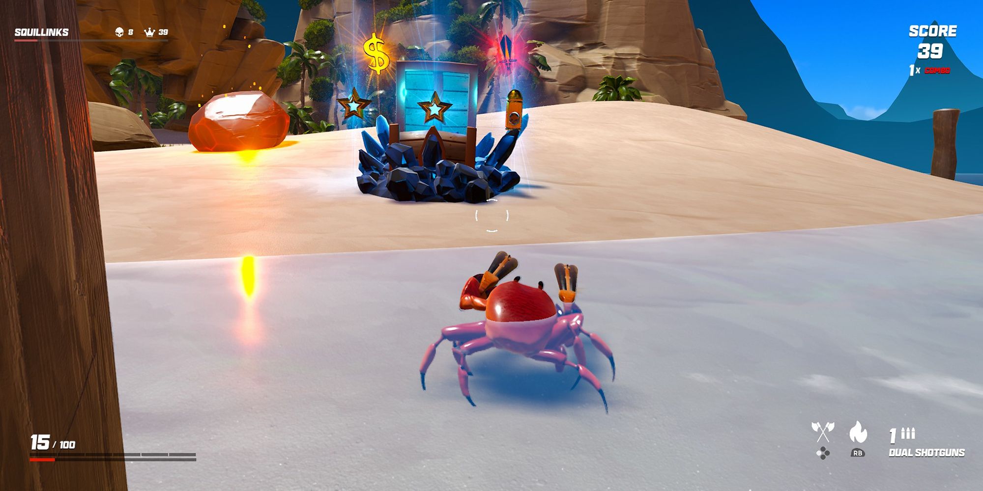 A crab receives a victory chest in Crab Champions.