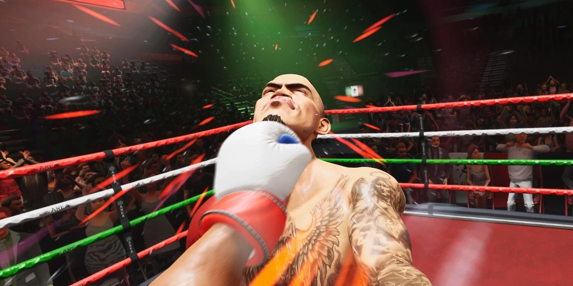 The player delivers a devastating blow to his opponent in Creed: Rise To Glory.