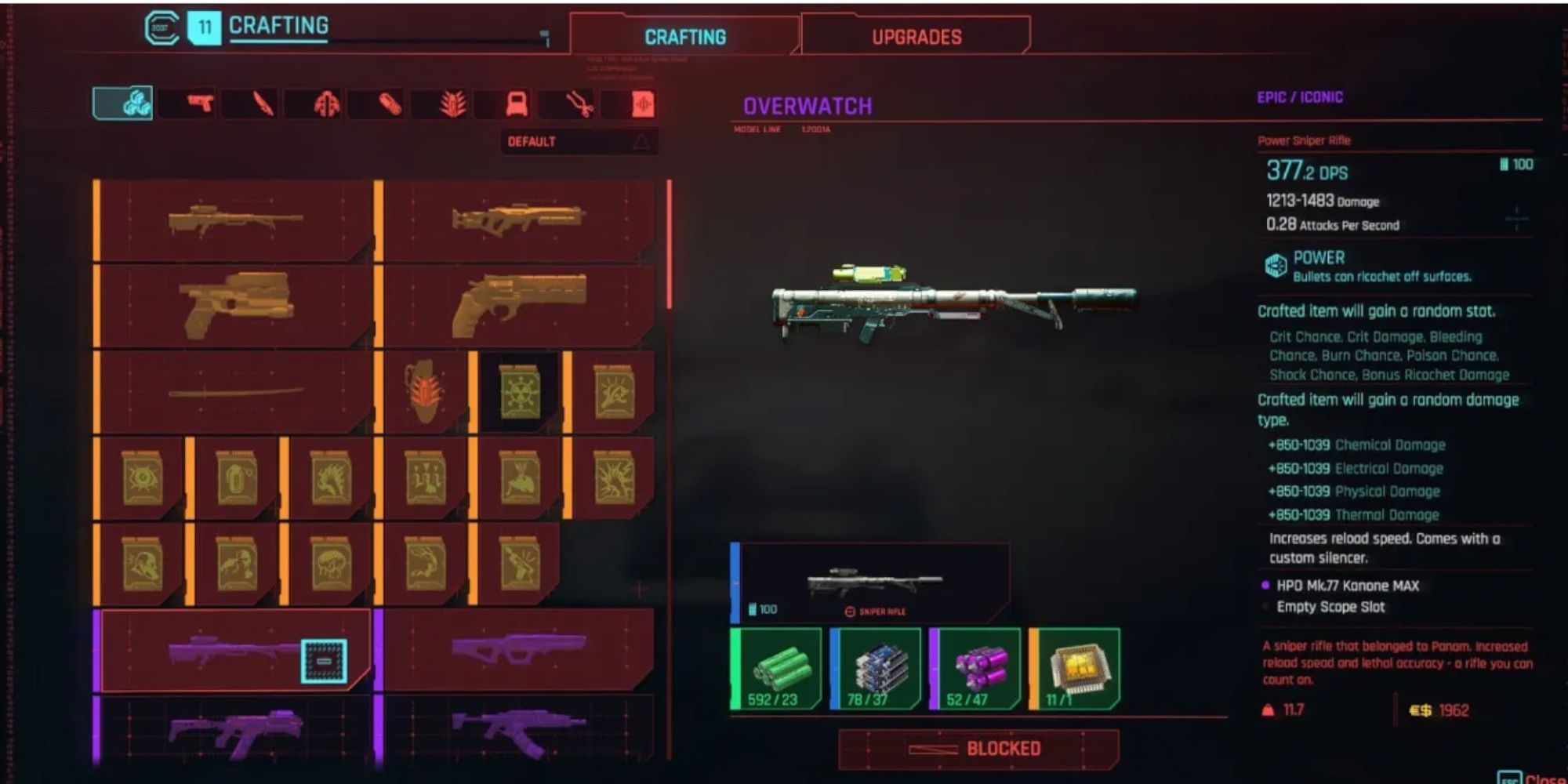 Cyberpunk 2077 Overwatch sniper rifle menu