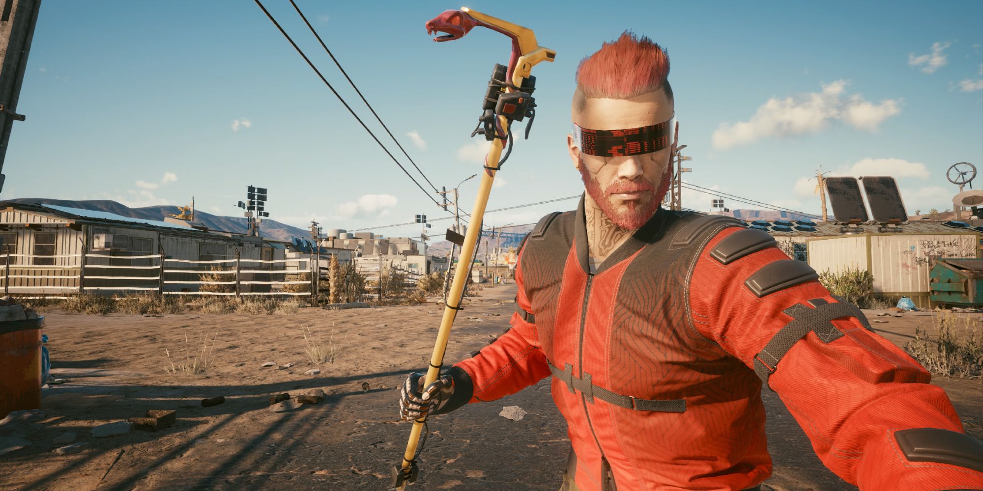 An image of V from Cyberpunk 2077 wielding the iconic Cottonmouth melee weapon that deals electric damage
