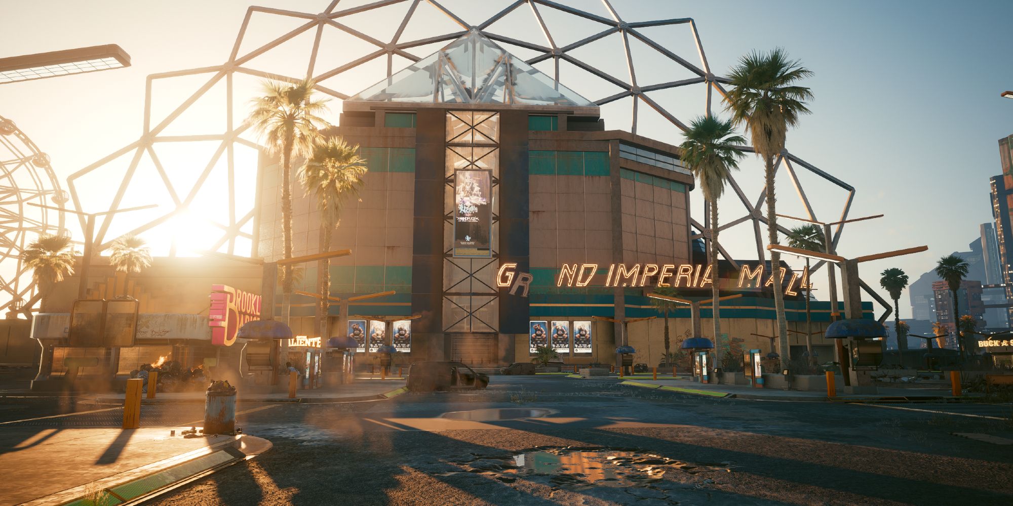 V arrives to the entrance of the Grand Imperial Mall in Cyberpunk 2077.