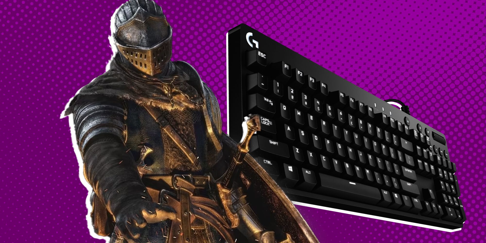 Dark Souls Chosen Undead over a purple background next to a keyboard