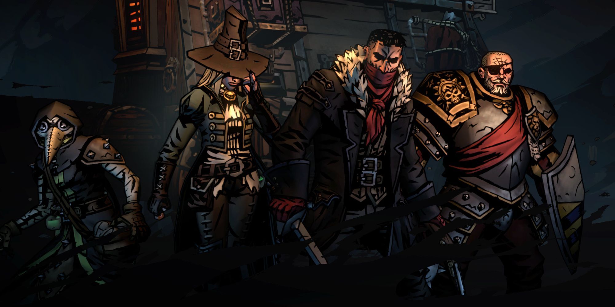 darkest dungeon 2 plague doctor grave robber man at arms and highwayman all standing by cart